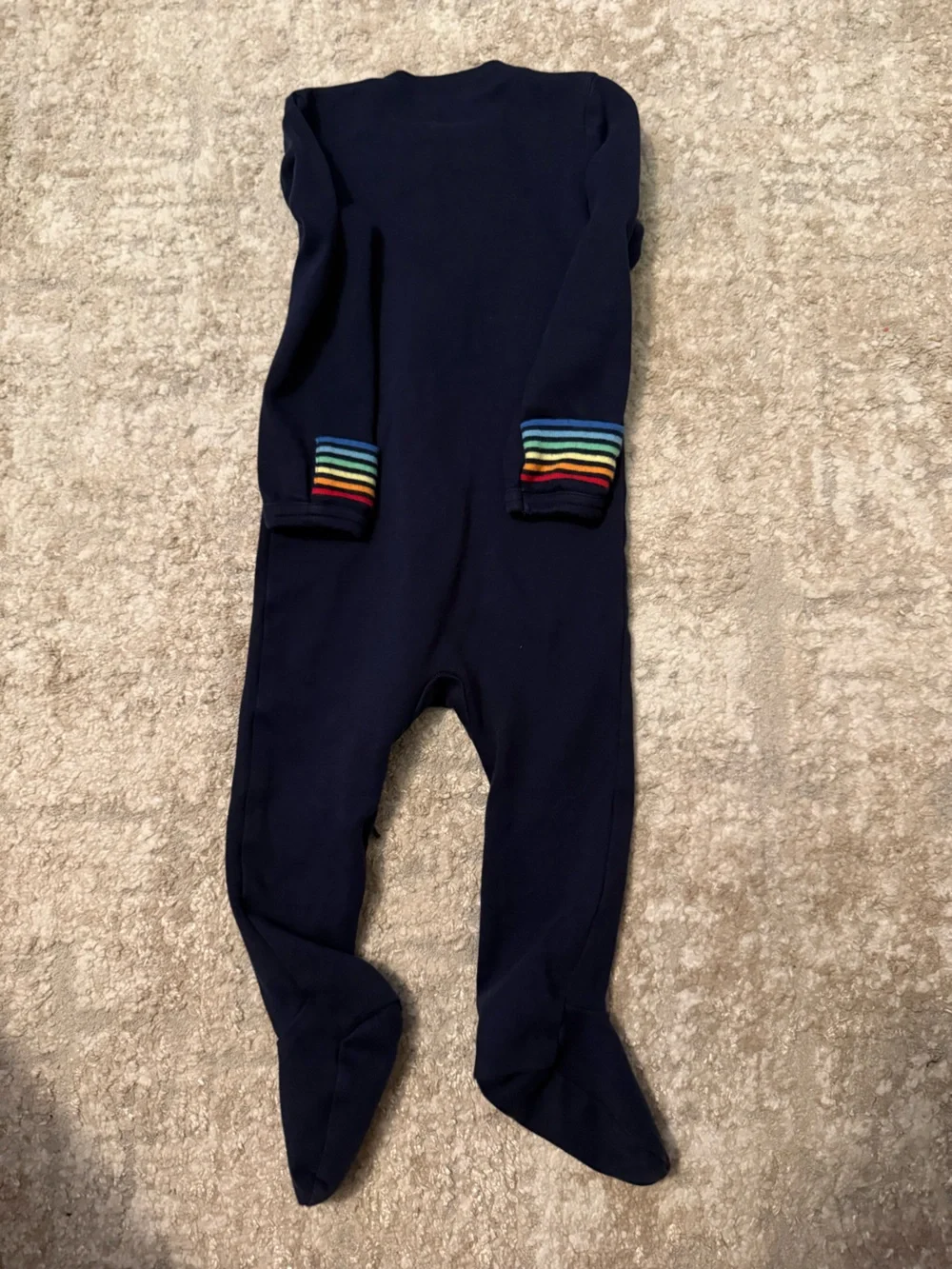 Primary Navy Footed One-Piece with Rainbow Heart and Striped Cuffs size 6/9M